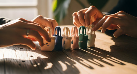Two pairs of hands arrange a row of colorful miniature tote bags on a wooden table. The small bags feature different printed icons, and the scene is lit by natural light, suggesting a product display or craft workshop.の素材