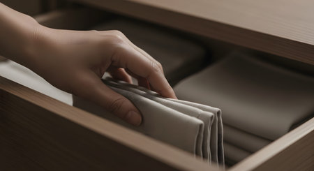 A hand organizes neat stacks of folded beige linen napkins inside a wooden drawer. The close-up shot highlights the orderly arrangement and the texture of the fabric, symbolizing tidiness and home organization.の素材
