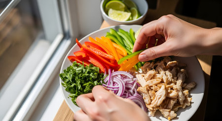 A person is assembling a healthy meal, arranging sliced bell peppers, red onions, herbs, and cooked chicken on a white plate. The bright, natural lighting highlights the fresh, colorful ingredients, suggesting a nutritious diet.の素材