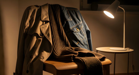 A trench coat, denim jacket, and scarf are carelessly draped over a wooden chair next to a lit table lamp. The warm lighting creates a cozy, lived-in atmosphere, suggesting someone has just arrived home or is preparing to leave.の素材