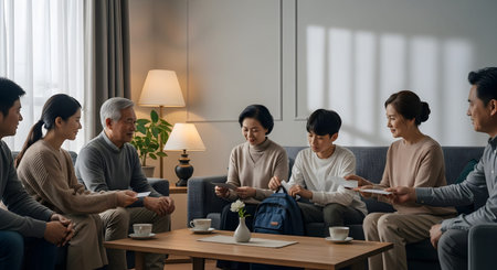 A multi-generational Asian family gathers in a living room, where elders are handing white envelopes to the younger generation. The scene conveys tradition, respect, family bonding, and cultural celebrations like Lunar New Year or special occasions.の素材