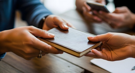 A close-up of two people's hands exchanging a small brown leather notebook or passport across a wooden table. In the blurred background, other individuals are using smartphones, suggesting a business meeting, networking event, or travel transaction.の素材