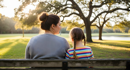 A mother and her young daughter sit side-by-side on a wooden park bench, looking out at a green park with large trees. Sunlight filters through the leaves, highlighting a quiet moment of family bonding and relaxation.の素材