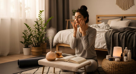 A relaxed woman sits on the floor in her bedroom, applying skincare while an essential oil diffuser releases mist nearby. The serene setting suggests a self-care routine, wellness, and relaxation.の素材
