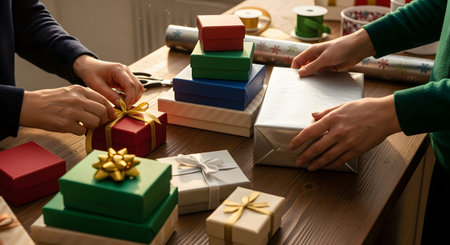 Close-up of hands wrapping and tying ribbons on colorful gift boxes on a wooden table. The festive scene features various wrapped presents in red, green, and silver, capturing the joy of holiday preparation.の素材