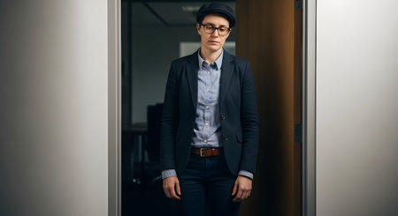 A person wearing glasses, a cap, and a blazer stands with a neutral expression in an office doorway. The portrait conveys a sense of modern professional identity, individuality, and gender-neutral fashion.の素材