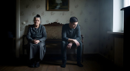 An elderly woman and a young man sit apart on a vintage sofa in a room with floral wallpaper, looking somber and disconnected. The scene depicts themes of generational gaps, family conflict, loneliness, or a serious conversation.の素材