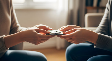 Close-up of two people's hands exchanging a small, folded grey textile wallet or pouch. The image focuses on the transaction or gift-giving moment in a soft, domestic setting.の素材