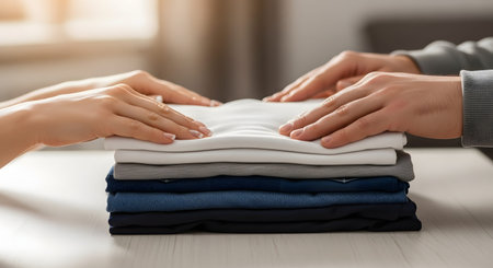 Two pairs of hands rest on a neat stack of folded laundry on a table. The composition suggests a transfer of clothing, such as a donation, laundry service delivery, or sharing between family members.の素材