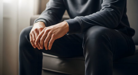 A cropped shot of a person sitting on a sofa with their hands resting on their knees in a tense or weary posture. The moody lighting suggests feelings of anxiety, waiting, or depression.の素材
