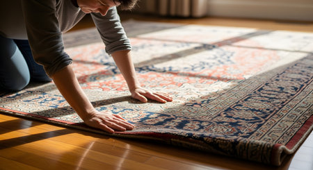 A person kneels on a wooden floor, smoothing out a patterned rug to ensure it lies flat and tidy. Sunlight streams into the room, highlighting the texture of the carpet and the domestic nature of the housekeeping task.の素材