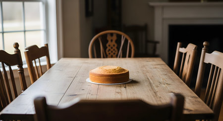 A simple, round sponge cake sits on a white plate in the center of a rustic wooden dining table. The background shows a clean dining room with chairs and a window, evoking a sense of homemade baking and anticipation for a gathering.の素材