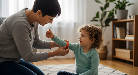 A caring mother sits on the floor putting a safety or identification wristband on her young daughter's arm. The scene takes place in a comfortable home environment, highlighting parental care and preparation for an outing or event.の素材