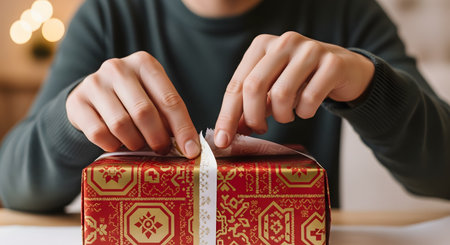 A close-up view of a person's hands carefully untying or opening a red gift box patterned with gold geometric designs. The blurred background with warm bokeh lights suggests a holiday or festive occasion like Christmas.の素材