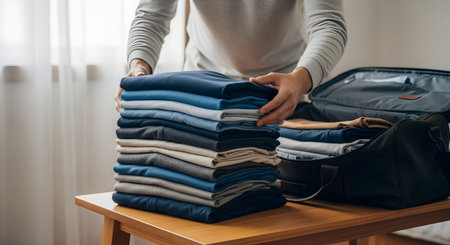 A person organizes a neat stack of folded clothes on a wooden table before packing them into a dark travel bag. The bright and tidy setting suggests preparation for a business trip or vacation.の素材
