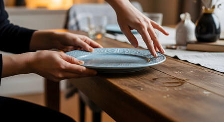 Close-up of hands lifting a blue plate from a wooden dining table scattered with crumbs. The scene represents the daily chore of clearing the table after a meal and maintaining a tidy home.の素材