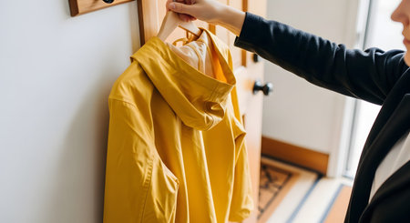 A person's hand is shown hanging a bright yellow raincoat onto a wooden hook on a door. The scene suggests returning home from rainy weather and organizing outerwear in an entryway.の素材