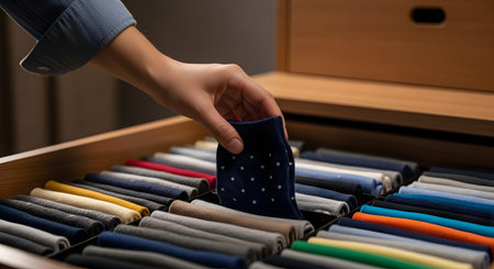 A hand carefully arranging folded socks into a drawer organizer, showing a tidy and methodical approach to wardrobe management. The scene highlights home organization, decluttering, and laundry routines.の素材