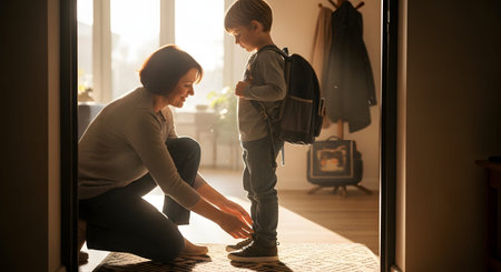 A smiling mother kneels to help her young son tie his shoelaces in the hallway, as sunlight streams through the door. The boy, wearing a backpack, stands ready for school, capturing a tender moment of parenting and morning preparation. This image represents family care, education, and the daily school run routine.の素材