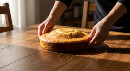 Hands gently place a freshly baked, golden-brown sponge cake onto a wooden dining table. The scene captures the essence of home baking, simple culinary delights, and the warm, inviting atmosphere of a domestic kitchen.の素材
