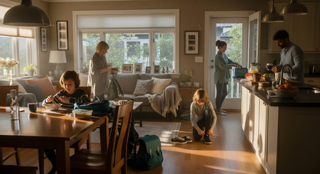 A busy family scene in a kitchen and living room area as they prepare for the day. A mother packs a lunch bag, a father drinks coffee, and two children get ready with backpacks and shoes in a sunlit, open-plan home.の素材