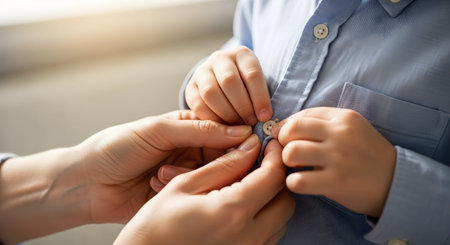 A close-up shot of an adult's hands gently helping a young child button up a light blue dress shirt. The image captures a tender moment of parenting and daily routine as the child learns to get dressed.の素材
