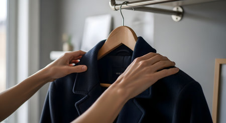 A pair of hands carefully places a dark navy wool coat on a wooden hanger upon a metal clothing rack. The image illustrates wardrobe organization, fashion retail, or caring for high-quality garments.の素材