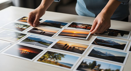 Hands organizing a grid of printed landscape photographs on a light wooden table. The photos feature scenic views of sunsets, beaches, and mountains, evoking themes of travel memories and portfolio curation.の素材