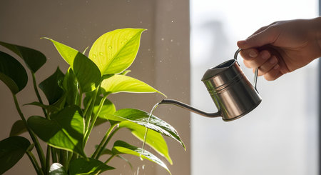 A hand holding a small metal watering can, pouring water onto the green leaves of a potted pothos plant. The backlit image captures the essence of plant care, gardening, and keeping nature indoors.の素材