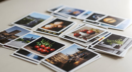 A collection of printed photographs is scattered across a light-colored table, displaying various scenes including food, architecture, and nature. The arrangement suggests sorting through memories, organizing a portfolio, or selecting images for a project.の素材