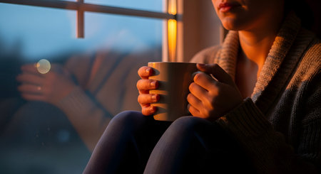 A cozy scene of a person wearing a knit sweater, holding a warm mug with both hands while sitting near a window during a golden sunset. The image evokes feelings of comfort, reflection, and peaceful relaxation during the colder months.の素材