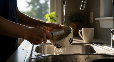 A person is scrubbing a ceramic pet food bowl with a brush under running water in a kitchen sink. Water splashes around the brush, capturing a moment of daily household cleaning, hygiene, and pet care responsibility.の素材