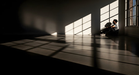 A man sits alone on the concrete floor of an empty room, leaning against a wall illuminated by dramatic geometric window shadows. The image conveys themes of solitude, depression, contemplation, or mental health struggles.の素材
