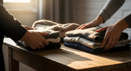Two people work together to fold and organize a stack of warm knit sweaters on a wooden table. The sunlit scene highlights cooperation and the cozy texture of winter clothing being prepared for storage or use.の素材