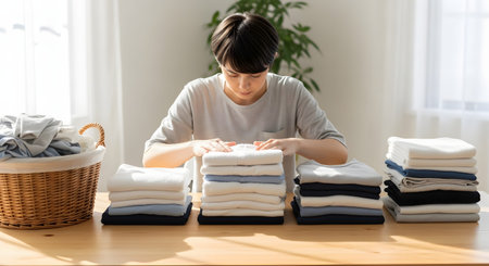 A woman stands at a wooden table carefully folding clean laundry into neat, organized stacks of t-shirts and sweaters. A wicker laundry basket sits nearby, and the bright, clean setting emphasizes household organization and domestic routines.の素材