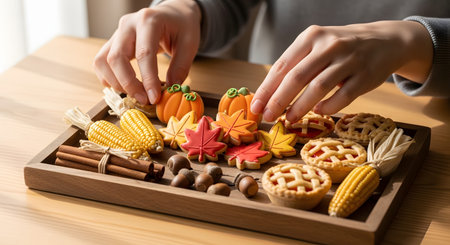 Hands carefully arrange autumn-themed sugar cookies shaped like leaves and pumpkins on a wooden tray. The festive setup includes cinnamon sticks and corn decorations, perfect for Thanksgiving or fall celebrations.の素材