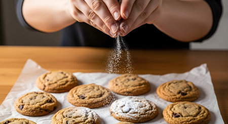 A close-up of hands dusting powdered sugar over freshly baked chocolate chip cookies on parchment paper. The action captures the final touch of baking, creating a delicious, sweet, and appetizing scene in the kitchen.の素材