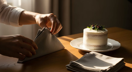 Hands carefully fold a grey linen napkin on a wooden table next to a small, elegantly decorated white cake. The scene is lit by warm, dramatic light, suggesting preparation for a celebration or a fine dining experience. It conveys hospitality and attention to detail.の素材