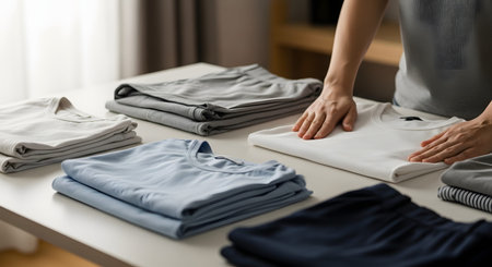 Close-up of hands smoothing out a white t-shirt on a table, adding it to neat stacks of grey and blue folded laundry. The image depicts domestic organization, clothing care, and the routine of household chores.の素材