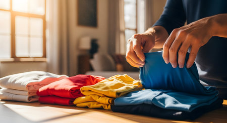 A man's hands fold a blue shirt on a wooden table, adding it to a neat stack of colorful folded laundry. Sunlight streams into the room, creating a warm, domestic atmosphere. The image depicts household chores and the organization of clothing.の素材