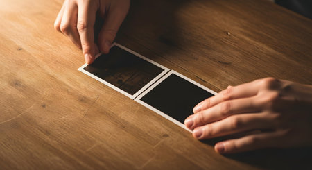 Hands organize two dark instant photographs on a wooden table, suggesting a moment of nostalgia or memory keeping. The lighting is warm and intimate, focusing on the tactile experience of handling physical prints.の素材