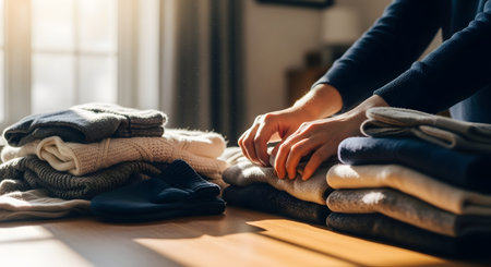 Close-up of hands carefully folding a stack of warm knit sweaters on a wooden table. The sunlight streaming in highlights the texture of the wool and creates a cozy, domestic atmosphere. The image represents laundry care, wardrobe organization, and seasonal clothing preparation.の素材