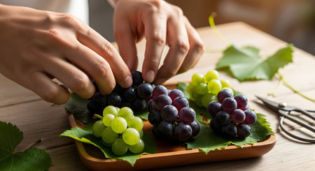 Close-up of hands arranging clusters of fresh green, purple, and black grapes on a square wooden tray. Vine leaves and gardening scissors are placed on the table, suggesting a fresh harvest or healthy food preparation.の素材
