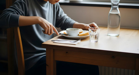 A person sitting at a wooden table enjoying a simple meal of soup and bread slices. A glass and carafe of water sit nearby, creating a cozy and authentic dining atmosphere in natural light.の素材