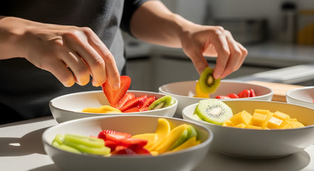 Hands are shown carefully placing fresh fruit slices, including strawberries and kiwi, into white bowls. The kitchen scene highlights the preparation of a nutritious and colorful breakfast or snack featuring mango and berries.の素材
