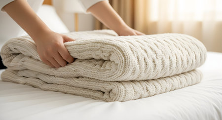 Hands carefully fold a thick, beige knitted blanket on a white bedspread. The image focuses on housekeeping, texture, and creating a cozy, organized bedroom environment.の素材