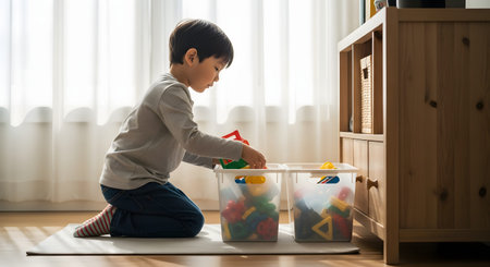 A young boy kneels on a rug, diligently putting colorful plastic toys into translucent storage bins. The scene highlights teaching children responsibility, tidying up, and playroom organization.の素材