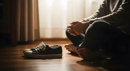 A person sits cross-legged and barefoot on a wooden floor in a sunlit room, with their sneakers placed neatly beside them. The image conveys a sense of relief, relaxation, mindfulness, and the comfort of being home.の素材