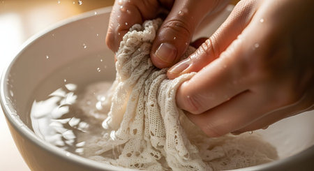 Close-up of hands gently washing delicate white lace fabric in a white bowl filled with water. The image illustrates the care taken in hand-washing fine textiles or vintage clothing to preserve their quality.の素材