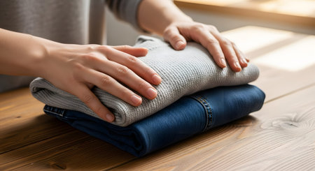 Hands smooth down a neatly folded stack of clothing, including a grey sweater and blue jeans, on a wooden table. The image focuses on laundry routines, clothing care, and home organization.の素材
